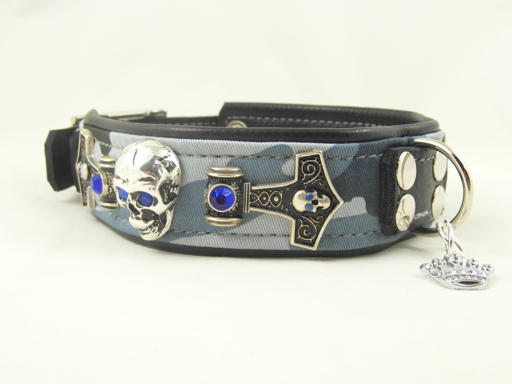 Luxus Hundehalsband aus schwarzem oder braunem Leder mit eleganter blau  farbige einzigartige Versierung, Design Mar - Superpipapo