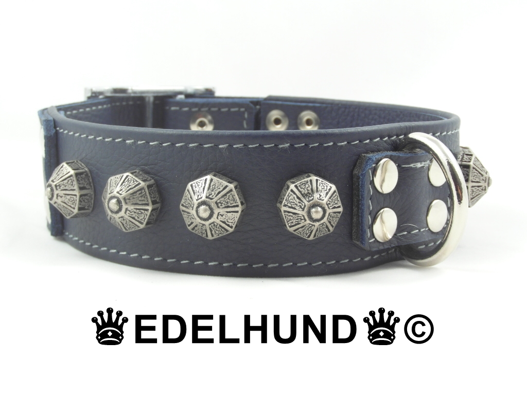 Luxus Hundehalsband aus schwarzem oder braunem Leder mit eleganter blau  farbige einzigartige Versierung, Design Mar - Superpipapo